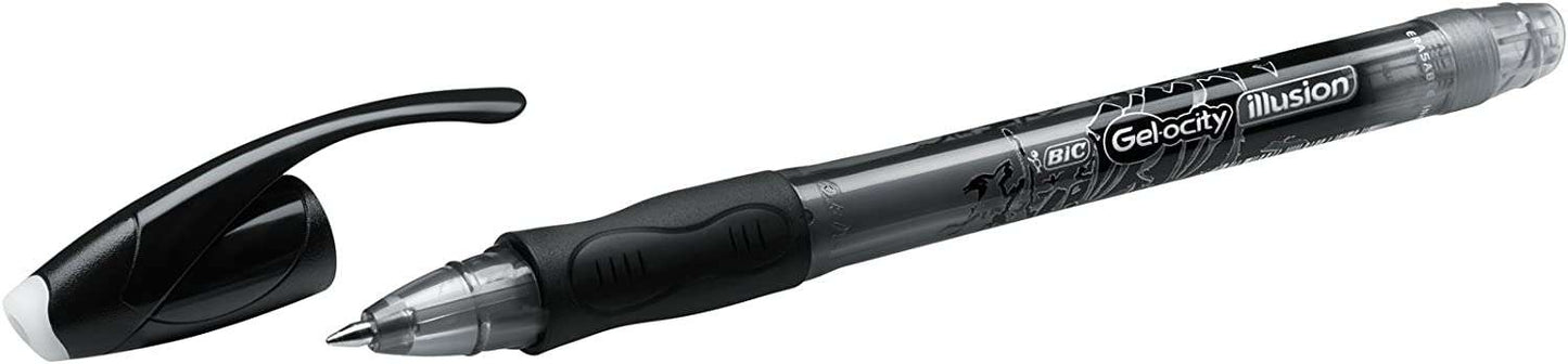 Bic Gel-ocity Illusion Boligrafo de Tinta Gel Borrable - Punta Media de 0.7mm - Recargable - Grip de Goma - Clip de Plastico - Color Negro - Cantidad: 12