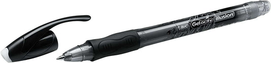 Bic Gel-ocity Illusion Boligrafo de Tinta Gel Borrable - Punta Media de 0.7mm - Recargable - Grip de Goma - Clip de Plastico - Color Negro - Cantidad: 12
