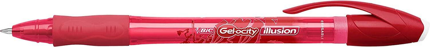 Bic Gel-ocity Illusion Boligrafo de Tinta Gel Borrable - Punta Media de 0.7mm - Recargable - Grip de Goma - Clip de Plastico - Color Rojo - Cantidad: 12