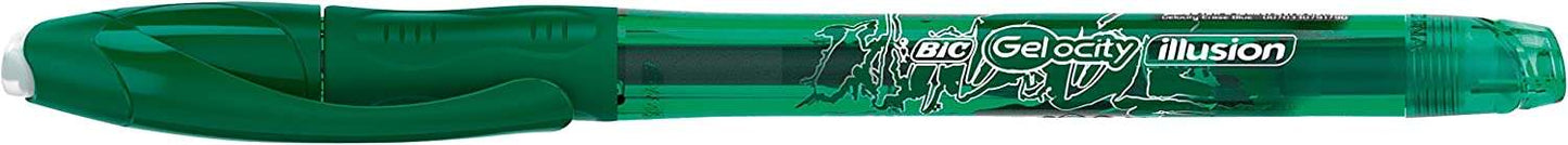 Bic Gel-ocity Illusion Boligrafo de Tinta Gel Borrable - Punta Media de 0.7mm - Recargable - Grip de Goma - Clip de Plastico - Color Verde - Cantidad: 12