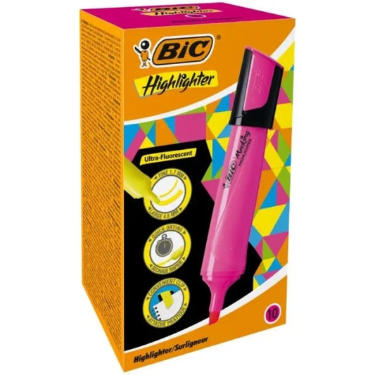 Bic Marking Highlighter Flat Marcador Fluorescente - Punta Biselada - Trazo entre 1.70 y 4.80 mm - Tinta con Base de Agua - Color Rosa - Cantidad: 10