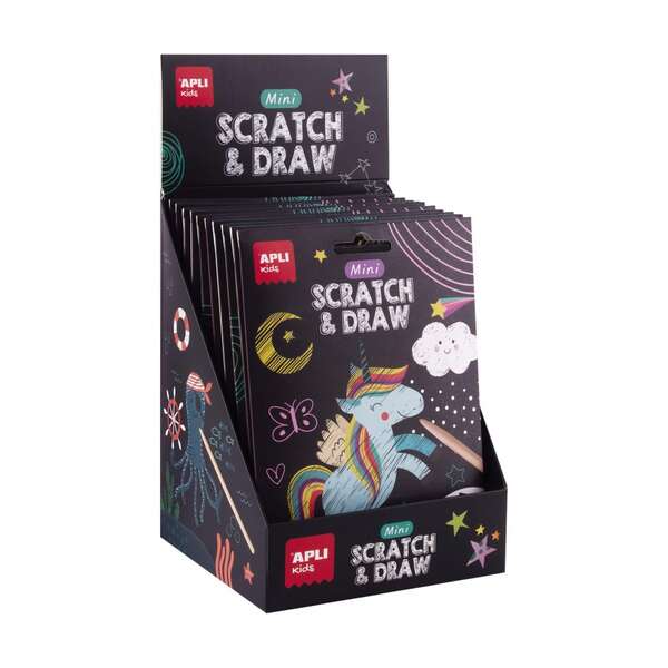 Apli Mini Scratch & Draw Expositor de 12 Blocs de Laminas para Rascar de Bolsillo - Diseños de Dinosaurios, Mundo Magico y Piratas del Oceano - Medidas 180x124mm