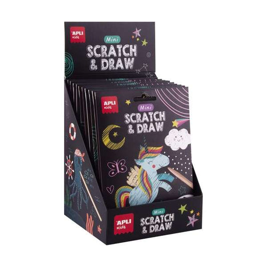 Apli Mini Scratch & Draw Expositor de 12 Blocs de Laminas para Rascar de Bolsillo - Diseños de Dinosaurios, Mundo Magico y Piratas del Oceano - Medidas 180x124mm