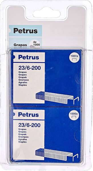 Petrus Pack de 4 Cajas de 1000 Grapas 23/6-200 Cobreadas - Hasta 20 Hojas - Patilla de 6mm