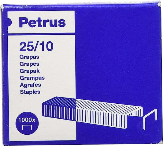 Petrus Caja de 1000 Grapas 25/10 Galvanizadas - Hasta 60 Hojas - Patilla de 10mm