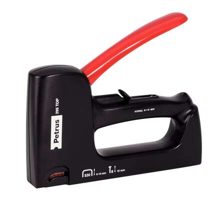 Petrus 295 Top Clavadora/Grapadora - Para Grapas 530/6 a 14mm y Pins Tipo 8 de 15mm - Ajuste de Potencia - Color Negro/Rojo