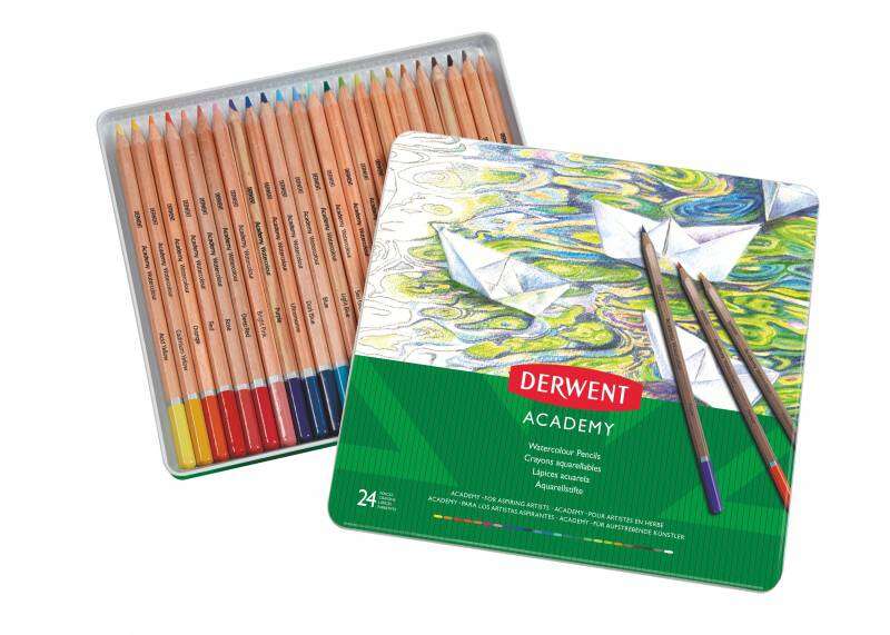Derwent Academy Pack de 24 Lapices Acuarelables - Flexibilidad de la Acuarela - Cuerpos de Madera Natural - Faciles de Usar - Pigmentos de Calidad - Mezclables y Disolubles - Colores Surtidos