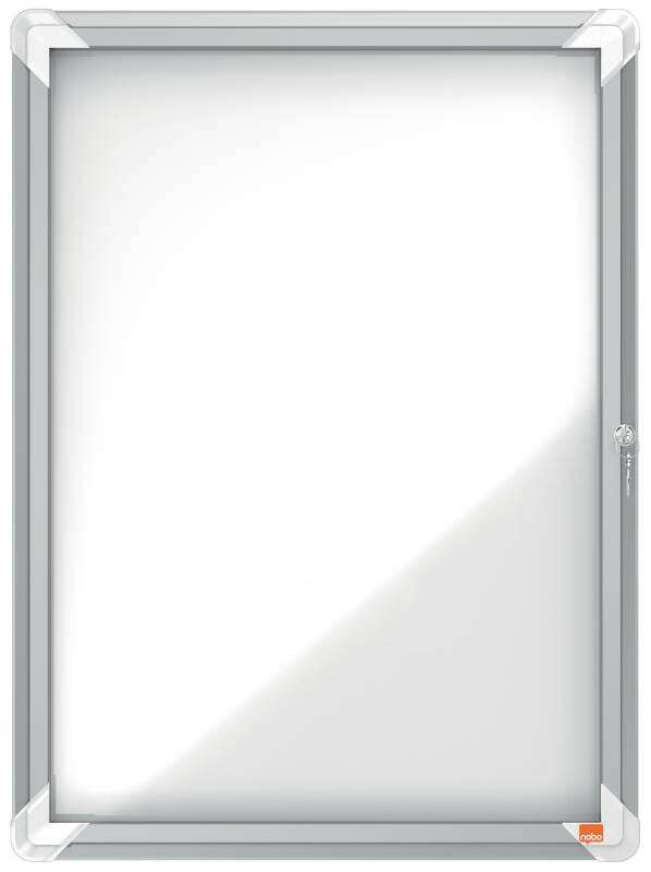 Nobo Vitrina para 4 Hojas A4 con Superficie Blanca Magnetica - 532x692x37mm - Puerta de Cristal de Seguridad - Marco de Aluminio - Color Blanco