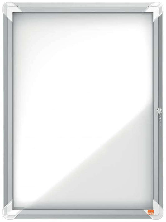 Nobo Vitrina para 4 Hojas A4 con Superficie Blanca Magnetica - 532x692x37mm - Puerta de Cristal de Seguridad - Marco de Aluminio - Color Blanco