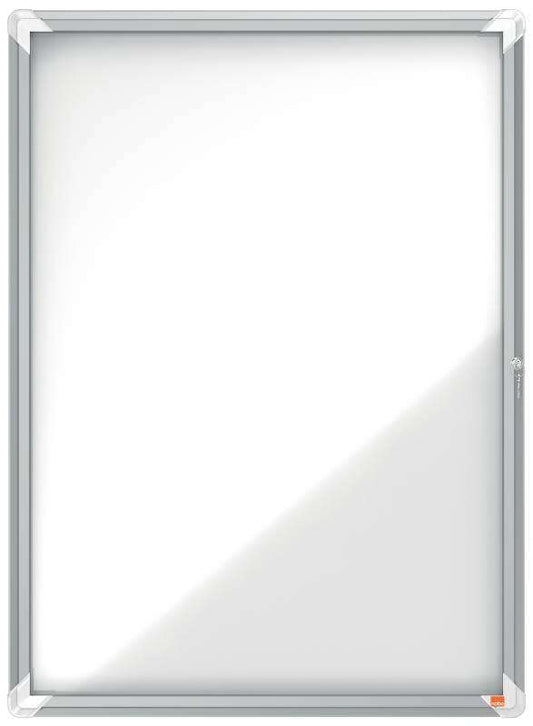 Nobo Vitrina para 9 Hojas A4 con Superficie Blanca Magnetica - 1000x752x37mm - Puerta de Cristal de Seguridad - Marco de Aluminio - Color Blanco