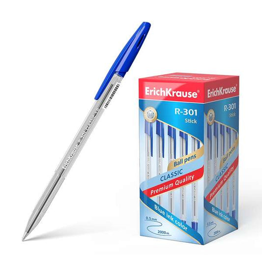 Erichkrause R-301 Boligrafo de Bola Punta 1.0mm - Trazo 0.5mm - Tinta de Secado Rapido - Cuerpo Transparente - Capuchon Ventilado - Color Azul - Cantidad: 50
