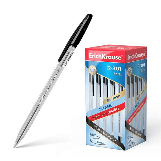Erichkrause R-301 Boligrafo de Bola Punta 1.0mm - Trazo 0.5mm - Tinta de Secado Rapido - Cuerpo Transparente - Capuchon Ventilado - Color Negro - Cantidad: 50