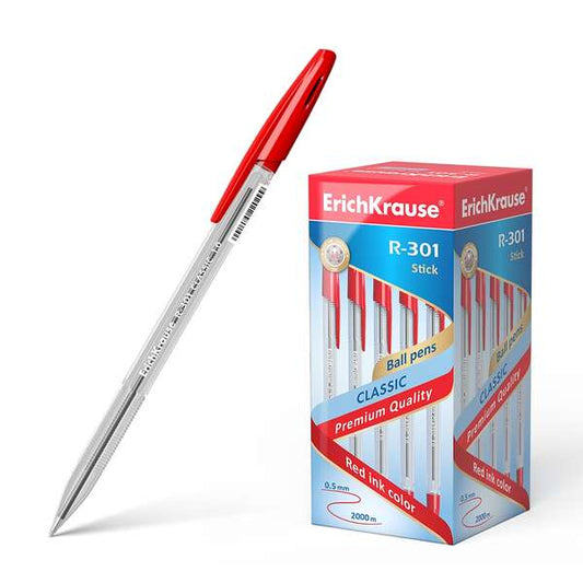 Erichkrause R-301 Boligrafo de Bola Punta 1.0mm - Trazo 0.5mm - Tinta de Secado Rapido - Cuerpo Transparente - Capuchon Ventilado - Color Rojo - Cantidad: 50