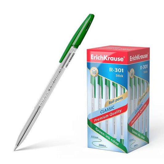 Erichkrause R-301 Boligrafo de Bola Punta 1.0mm - Trazo 0.5mm - Tinta de Secado Rapido - Cuerpo Transparente - Capuchon Ventilado - Color Verde - Cantidad: 50