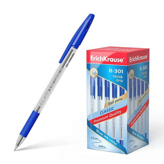 Erichkrause R-301 Stick&Grip Boligrafo de Bola Punta 1.0mm - Trazo 0.5mm - Agarre con Grip de Goma - Tinta de Secado Rapido - Cuerpo Transparente - Capuchon Ventilado - Color Azul - Cantidad: 50