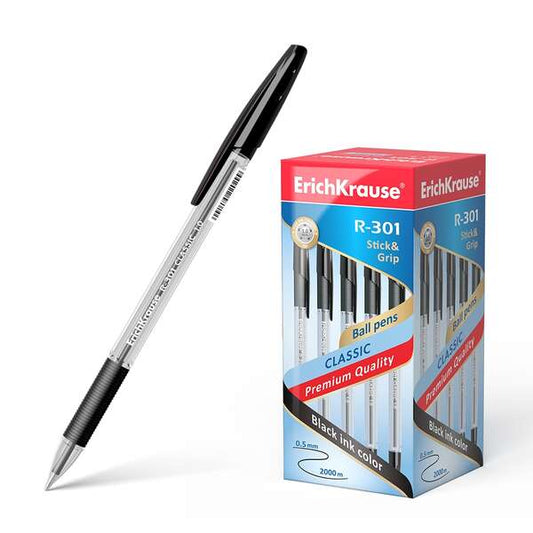 Erichkrause R-301 Stick&Grip Boligrafo de Bola Punta 1.0mm - Trazo 0.5mm - Agarre con Grip de Goma - Tinta de Secado Rapido - Cuerpo Transparente - Capuchon Ventilado - Color Negro - Cantidad: 50