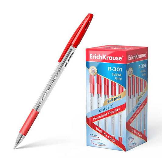 Erichkrause R-301 Stick&Grip Boligrafo de Bola Punta 1.0mm - Trazo 0.5mm - Agarre con Grip de Goma - Tinta de Secado Rapido - Cuerpo Transparente - Capuchon Ventilado - Color Rojo - Cantidad: 50