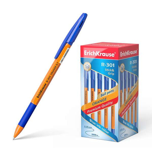 Erichkrause Boligrafo R-301 Stick&Grip - Cuerpo Hexagonal Naranja - Punta de 0.7mm - Tinta de Secado