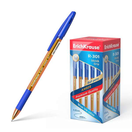 Erichkrause R-301 Amber Stick&Grip Boligrafo de Bola Punta 0.7mm - Trazo 0.35mm - Agarre con Grip de Goma - Tinta de Secado Rapido - Cuerpo Naranja Transparente - Capuchon Ventilado - Color Azul - Cantidad: 50