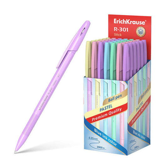Erichkrause R-301 Pastel Boligrafo Punta de Bola 0.7mm - Trazo 0.35mm - Cuerpo Hexagonal Opaco en Colores Pastel - Tinta de Secado Rapido - Color Tinta Azul - Cantidad: 50