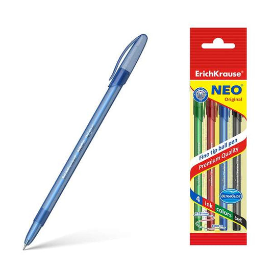 Erichkrause Pack de 4 Boligrafos Neo Original - Punta de Aguja Sofisticada Fine Tip - Cuerpo Redondo