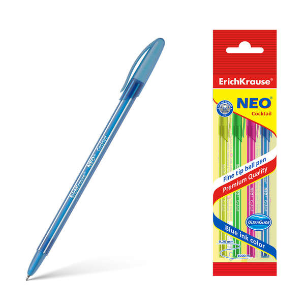 Erichkrause Neo Cocktail Pack de 4 Boligrafos Stick Brillante y Desechable - Punta de Aguja Fina - T