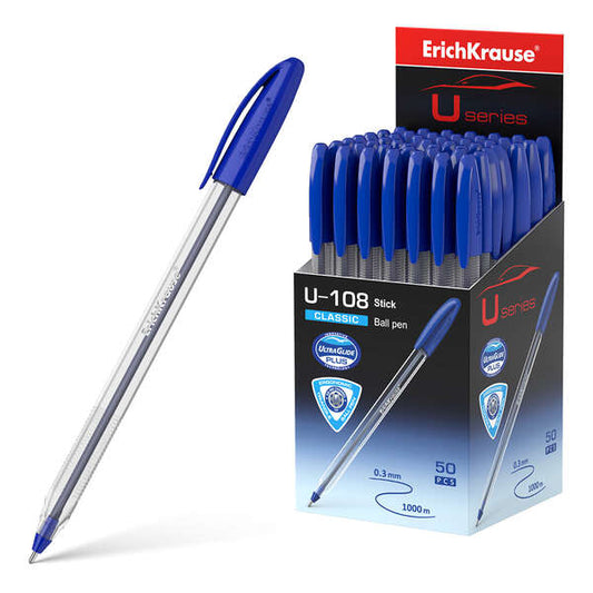 Erichkrause U-108 Boligrafo Clasico - Punta de Bola 1.0mm - Trazo de 0.3mm - Tapa Ventilada - Ultra Glide Technology - Color Azul - Cantidad: 50