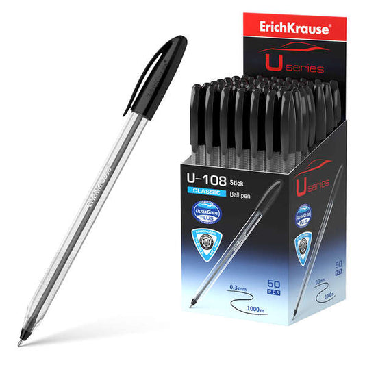 Erichkrause U-108 Boligrafo Clasico - Punta de Bola 1.0mm - Trazo de 0.3mm - Tapa Ventilada - Ultra Glide Technology - Color Negro - Cantidad: 50