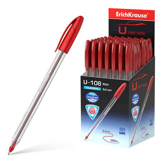 Erichkrause U-108 Boligrafo Clasico - Punta de Bola 1.0mm - Trazo de 0.3mm - Tapa Ventilada - Ultra Glide Technology - Color Rojo - Cantidad: 50