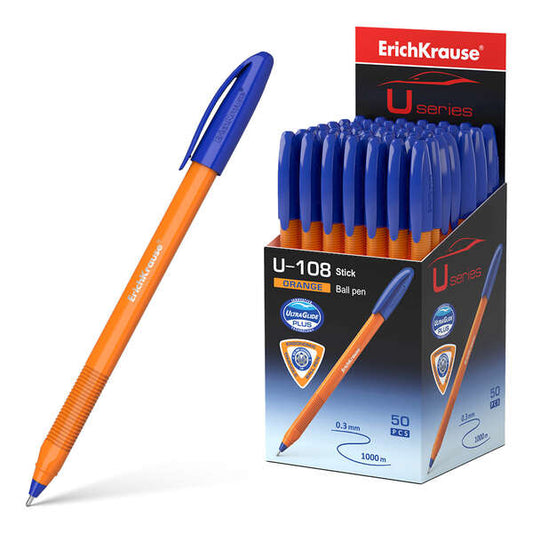 Erichkrause U-108 Boligrafo Clasico Orange - Punta de Bola 0.7mm - Trazo de 0.26mm - Tapa Ventilada - Cuerpo Opaco Naranja - Ultra Glide Technology - Color Azul - Cantidad: 50
