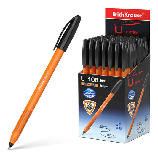 Erichkrause U-108 Boligrafo Clasico Orange - Punta de Bola 0.7mm - Trazo de 0.26mm - Tapa Ventilada - Cuerpo Opaco Naranja - Ultra Glide Technology - Color Negro - Cantidad: 50