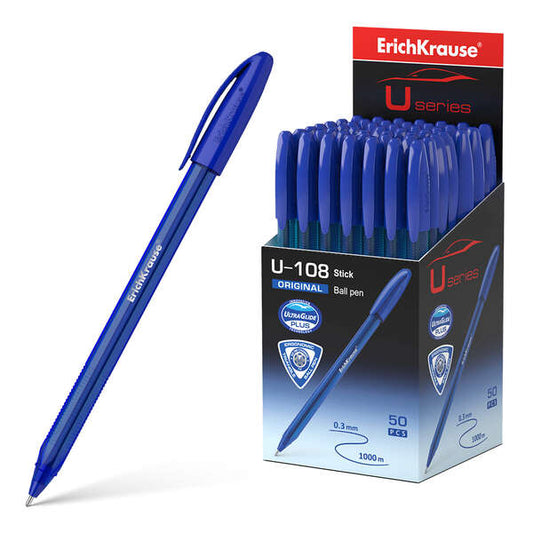 Erichkrause U-108 Boligrafo Clasico - Punta de Bola 1.0mm - Trazo de 0.3mm - Tapa Ventilada - Cuerpo Translucido y Tintado - Ultra Glide Technology - Color Azul - Cantidad: 50