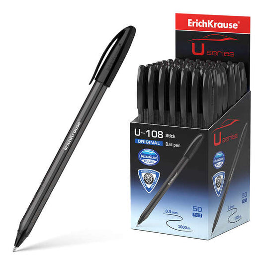 Erichkrause U-108 Boligrafo Clasico - Punta de Bola 1.0mm - Trazo de 0.3mm - Tapa Ventilada - Cuerpo Translucido y Tintado - Ultra Glide Technology - Color Negro - Cantidad: 50