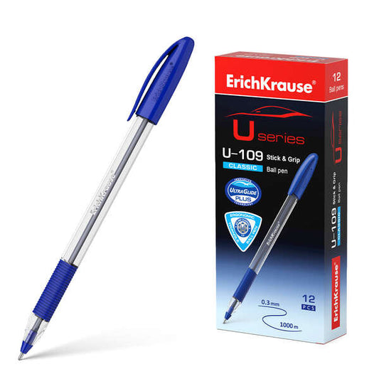 Erichkrause Boligrafo U-109 Classic Stick&Grip 1.0 - Ultra Glide Technology - Color Azul - Cantidad: 12