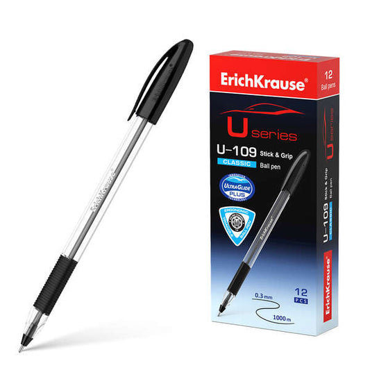 Erichkrause Boligrafo U-109 Classic Stick&Grip 1.0 - Ultra Glide Technology - Color Negro - Cantidad: 12