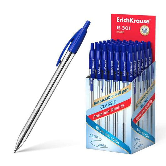 ErichKrause R-301 Matic Boligrafo Retractil Punta de Bola 1.0mm - Tinta de Secado Rapido - Cuerpo Transparente - Color Azul - Cantidad: 50