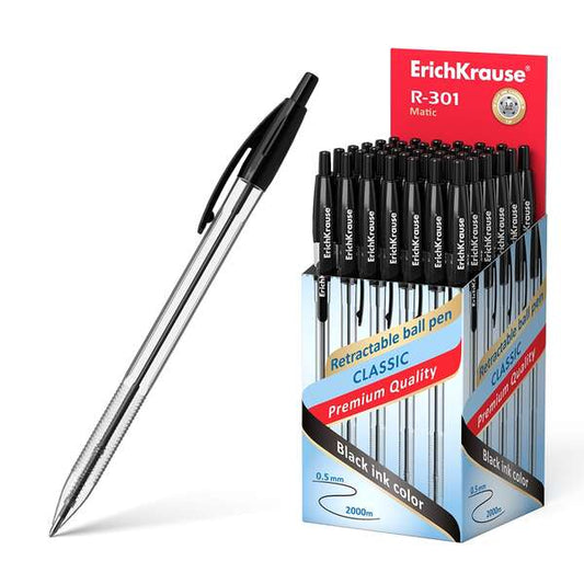 ErichKrause R-301 Matic Boligrafo Retractil Punta de Bola 1.0mm - Tinta de Secado Rapido - Cuerpo Transparente - Color Negro - Cantidad: 50