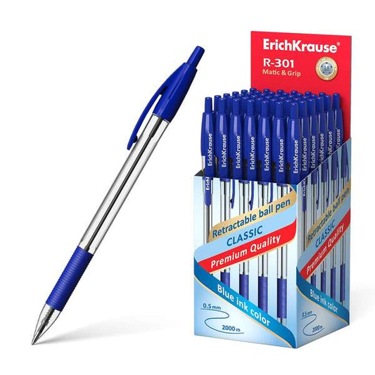 Erichkrause R-301 Classic Matic&Grip Boligrafo Retractil Punta de 1.0mm - Trazo 0.5mm - Grip de Agarre - Tinta de Secado Rapido - Color Azul - Cantidad: 50