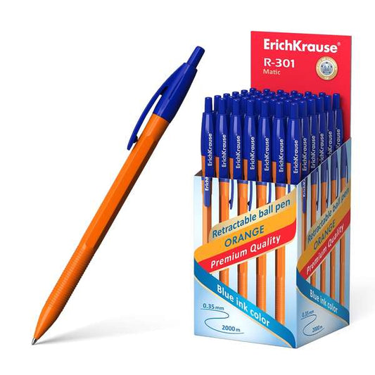 Erichkrause R-301 Naranja Matic Boligrafo Retractil Punta 0.7mm - Cuerpo Hexagonal Opaco - Tinta de Secado Rapido - Color Azul - Cantidad: 50