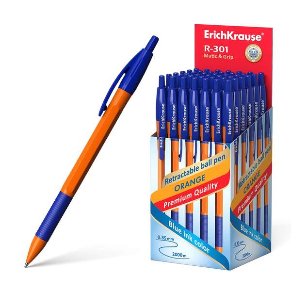 Erichkrause R-301 Naranja Matic&Grip Boligrafo Retractil - Punta de 07mm - Trazo de 0.35mm - Grip de Goma - Tinta de Secado Rapido - Color Azul - Cantidad: 50