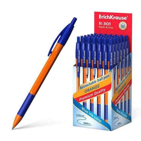 Erichkrause R-301 Naranja Matic&Grip Boligrafo Retractil - Punta de 07mm - Trazo de 0.35mm - Grip de Goma - Tinta de Secado Rapido - Color Azul - Cantidad: 50