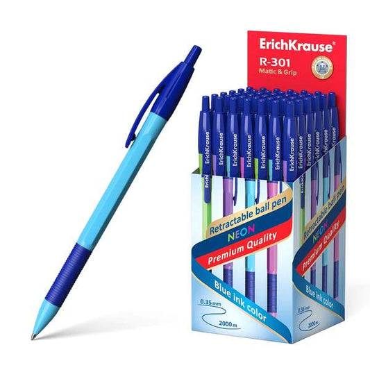 Erichkrause R-301 Neon Matic&Grip Boligrafo Retractil - Punta de 0.7mm - Trazo 0.35mm aprox. - Tinta de Secado Rapido - Cuerpo Hexagonal en Colores Surtidos - Color Azul - Cantidad: 50