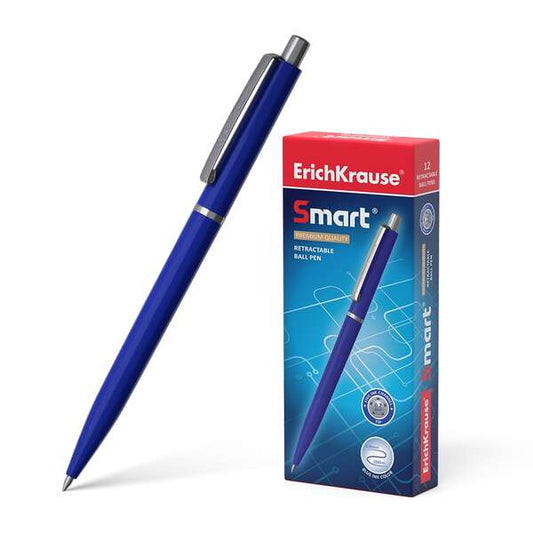 Erichkrause Boligrafo Automatico Smart - Recargable con Clip Metalico - Punta de 07mm - Tinta de Secado Rapido - Cuerpo Opaco y Satinado - Color Azul - Cantidad: 12