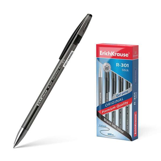 Erichkrause R-301 Original Boligrafo de Tinta de Gel - Punta 0.5mm - Trazo 0.4mm - Cuerpo Translucido Tintado - Grip Perfilado Comodo - Secado Rapido - Color Negro - Cantidad: 12