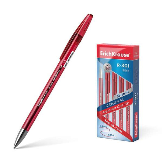 Erichkrause R-301 Original Boligrafo de Tinta de Gel - Punta 0.5mm - Trazo 0.4mm - Cuerpo Translucido Tintado - Grip Perfilado Comodo - Secado Rapido - Color Rojo - Cantidad: 12