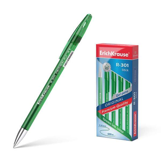 Erichkrause R-301 Original Boligrafo de Tinta de Gel - Punta 0.5mm - Trazo 0.4mm - Cuerpo Translucido Tintado - Grip Perfilado Comodo - Secado Rapido - Color Verde - Cantidad: 12