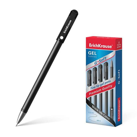 Erichkrause Boligrafo de Gel G-Soft - Revestimiento Soft Touch - Punta Fina de Tipo Aguja - Tinta de Secado Rapido - Color Negro - Cantidad: 12