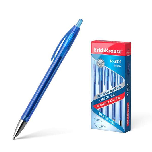 Erichkrause Boligrafo de Gel Automatico R-301 Original Gel Matic - Tinta de Gel de Secado Rapido - Cuerpo Transparente con Grip Perfilado - Color Azur - Cantidad: 12