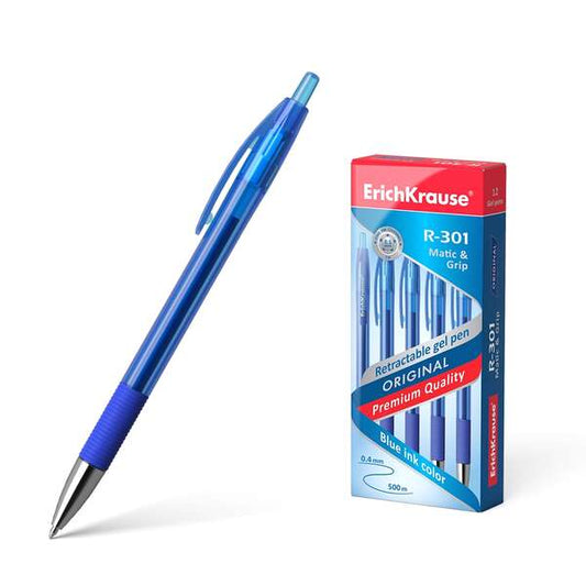 Erichkrause Boligrafo de Gel Automatico R-301 Original Gel Matic&Grip - Punta de 0,5mm - Tinta de Gel de Secado Rapido - Cuerpo Transparente - Color Azur - Cantidad: 12