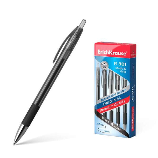 Erichkrause Boligrafo de Gel Automatico R-301 Original Gel Matic&Grip - Tinta de Gel de Secado Rapido - Cuerpo Transparente con Grip de Goma - Color Negro - Cantidad: 12